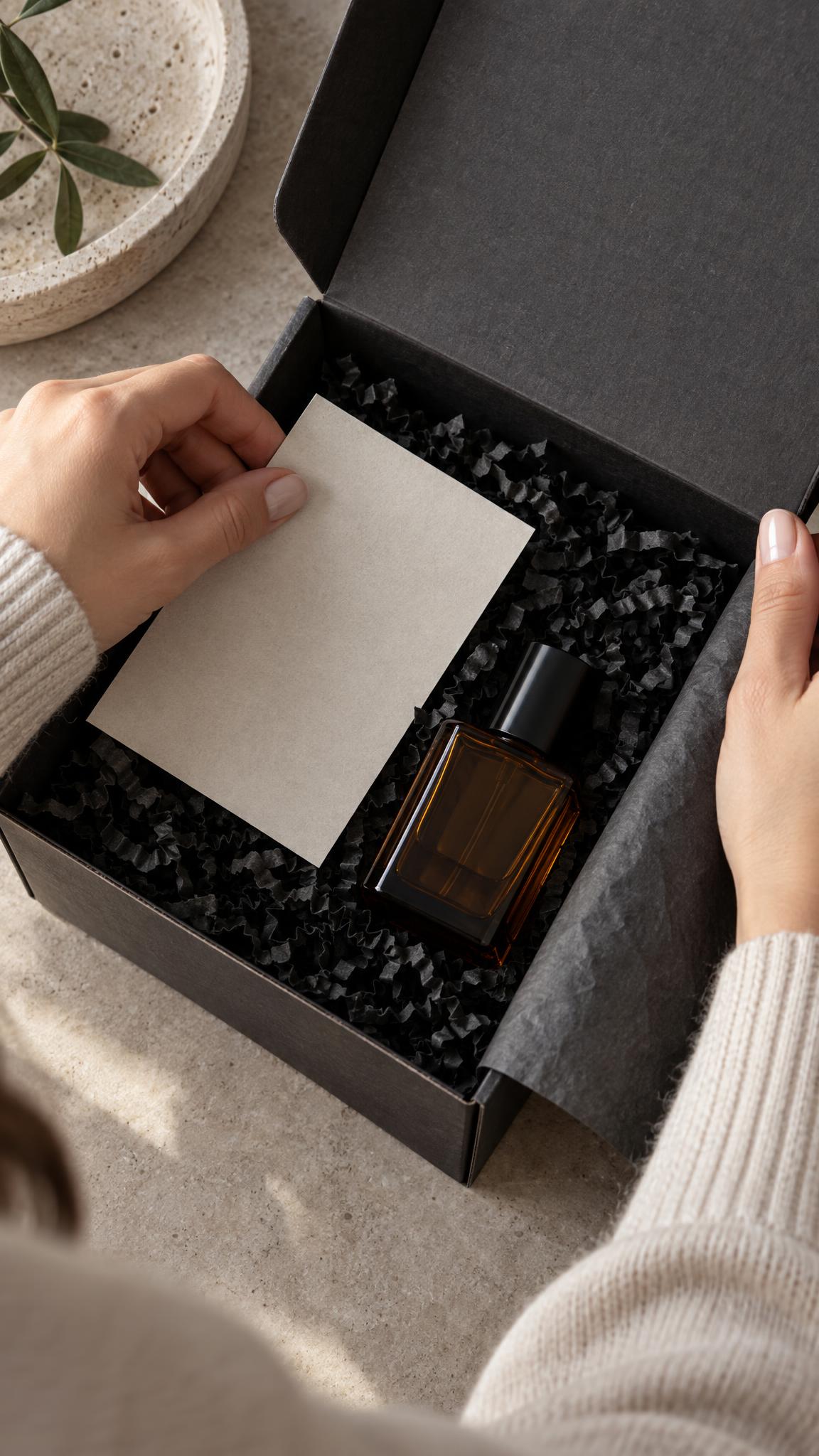 ASMR packing product effects with a fragrance bottle in a mailer box