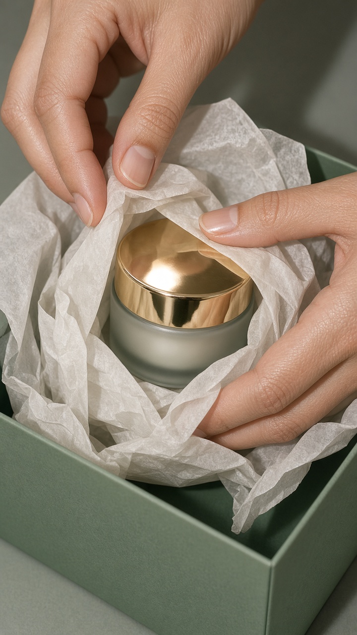 ASMR packing product effects with a skincare product and tissue paper