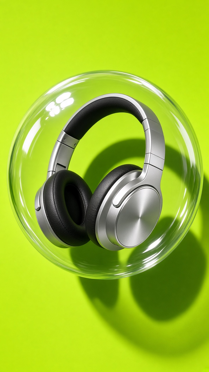 Bubble product effect with silver headphones inside a clear sphere