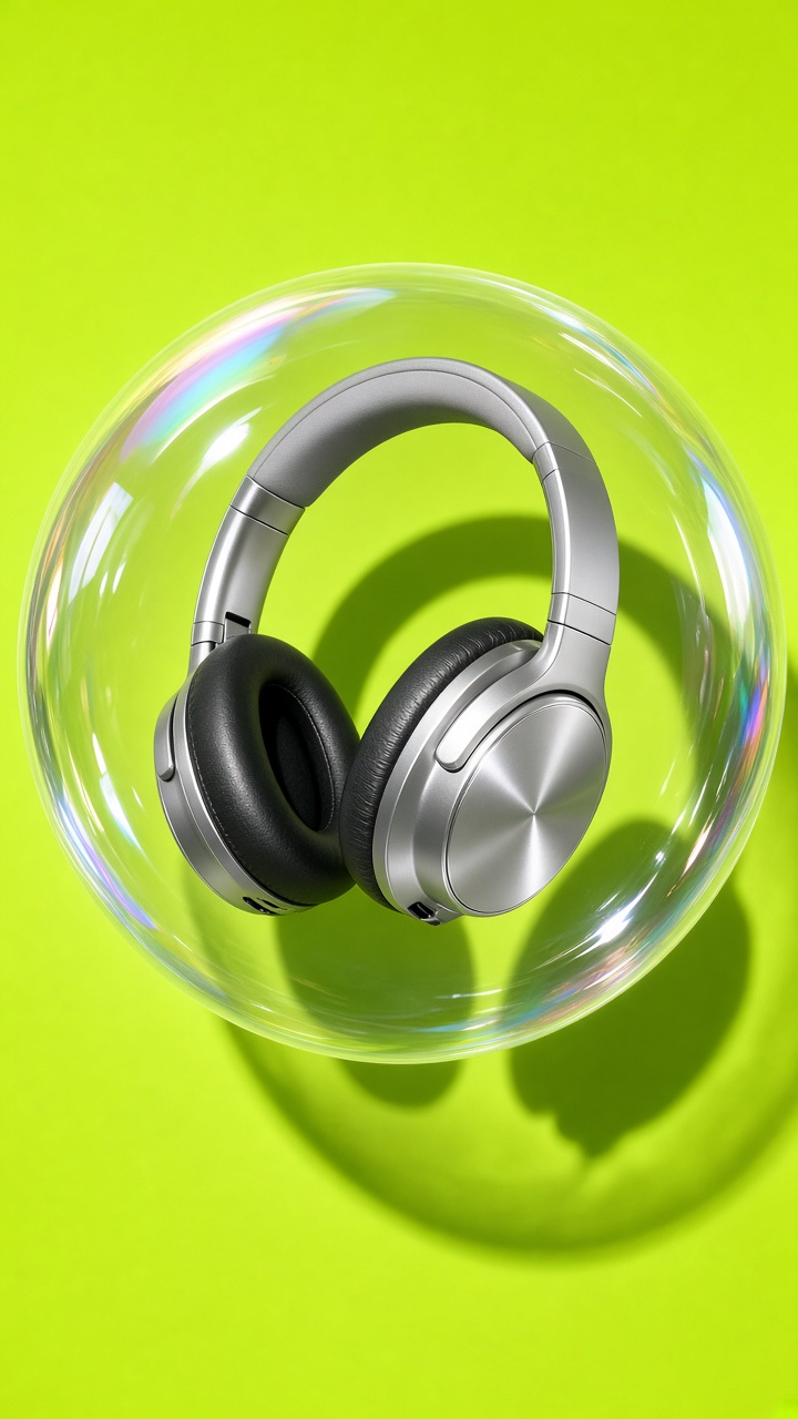 Tech product inside a clear bubble product effect on an electric lime background