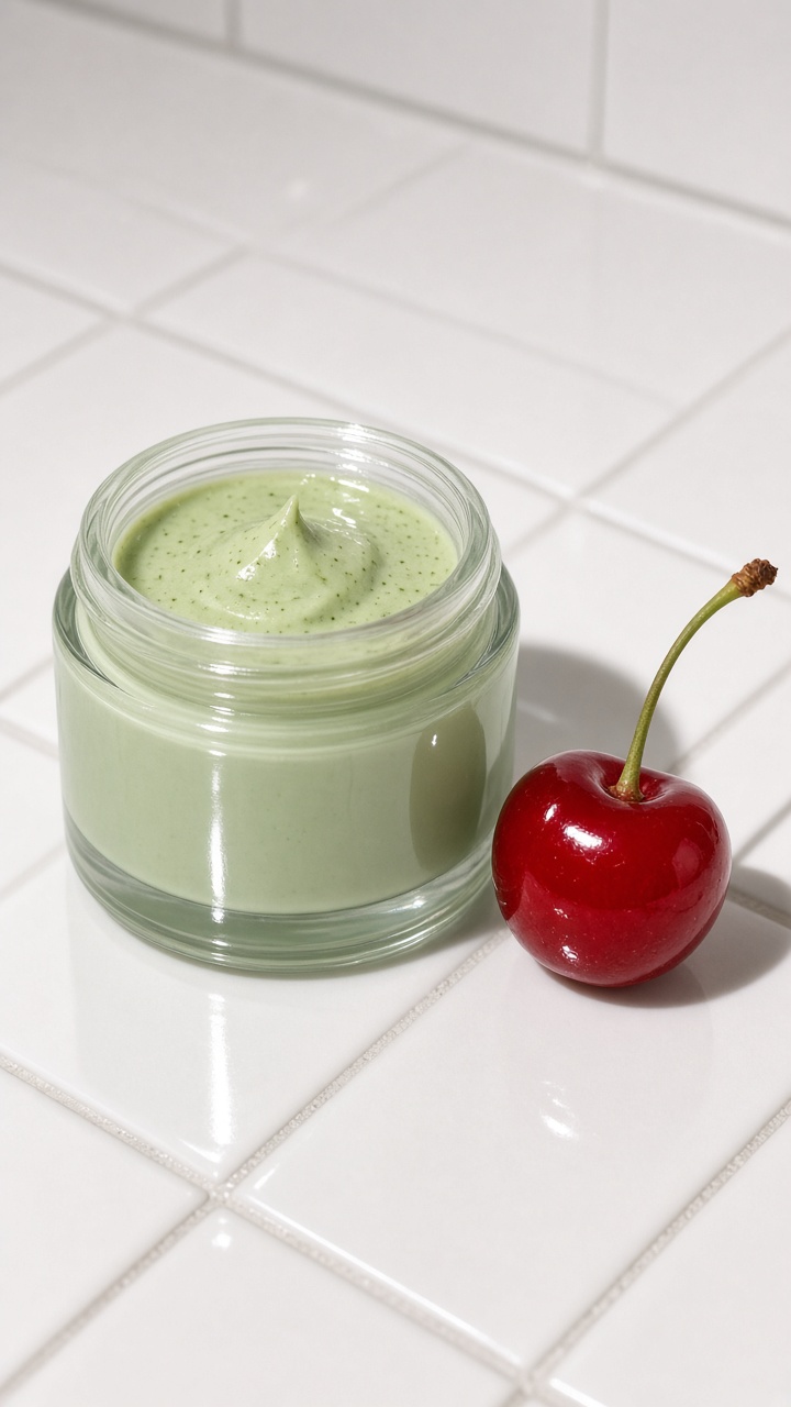 Cherry matcha product effects with a skincare jar, cherry red prop, and matcha green background