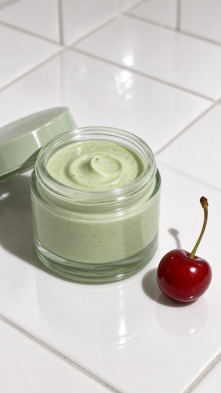 Playful cherry matcha product effects with direct flash skincare styling