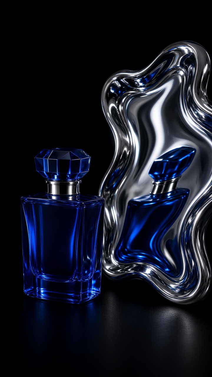 Cobalt perfume bottle in a cinematic mirror product effect