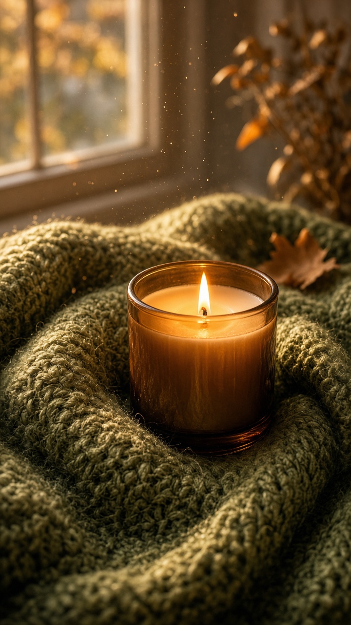 Candle in a cozy autumn product effect on green knit