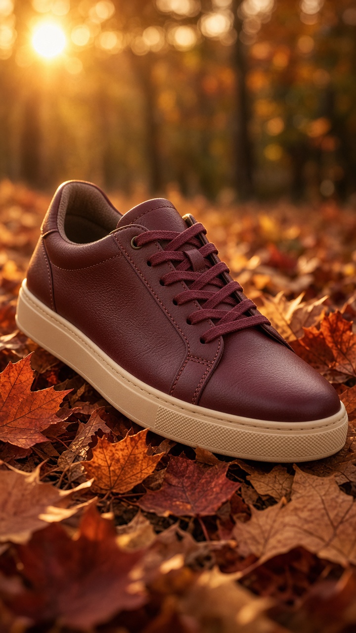 Sneaker in cozy autumn product effects with fallen leaves