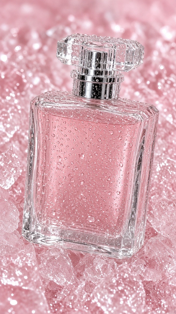 Glass perfume bottle on crushed ice
