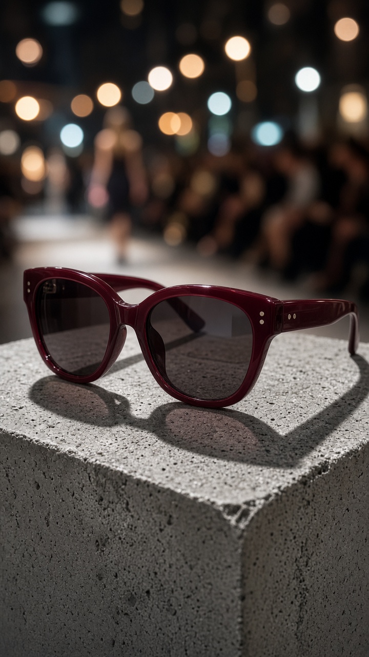 Sunglasses in a Fashion Week product effect on a concrete pedestal