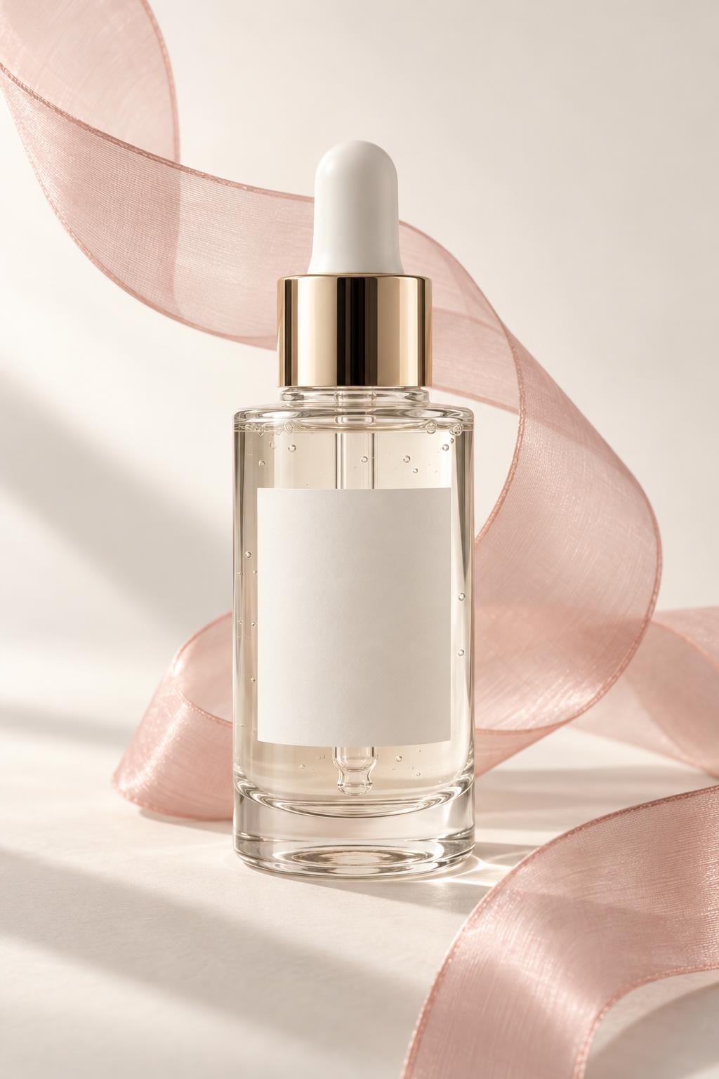 Floating fabric product effect with a serum bottle and pink silk