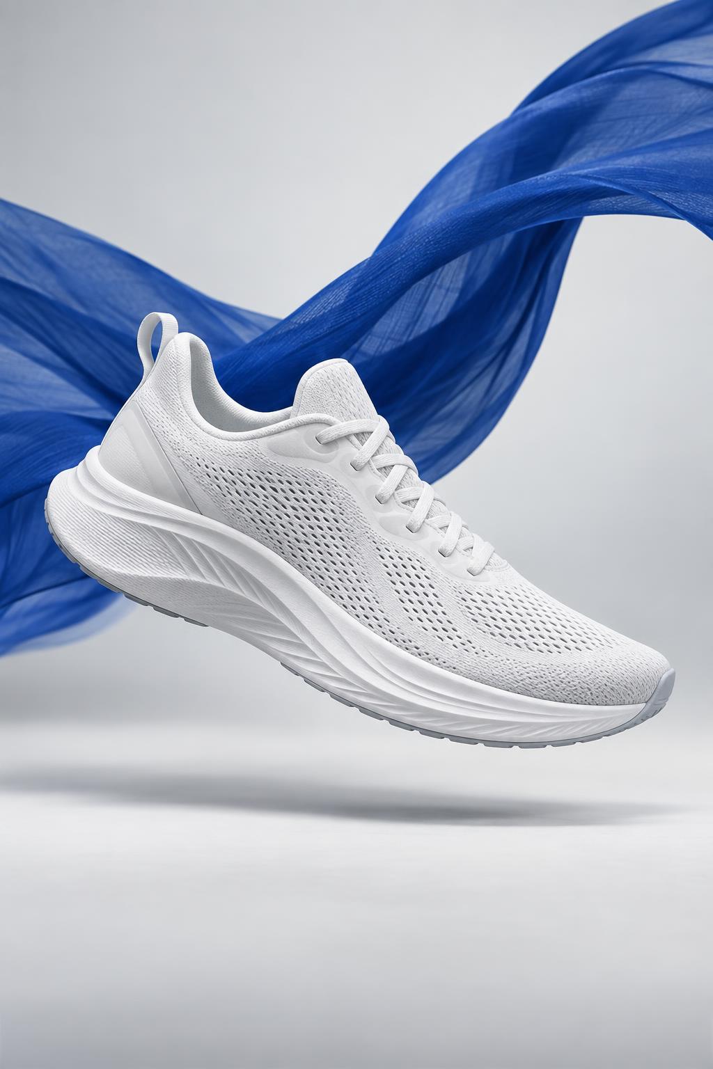 Floating fabric product effect with a white running shoe and blue ribbon