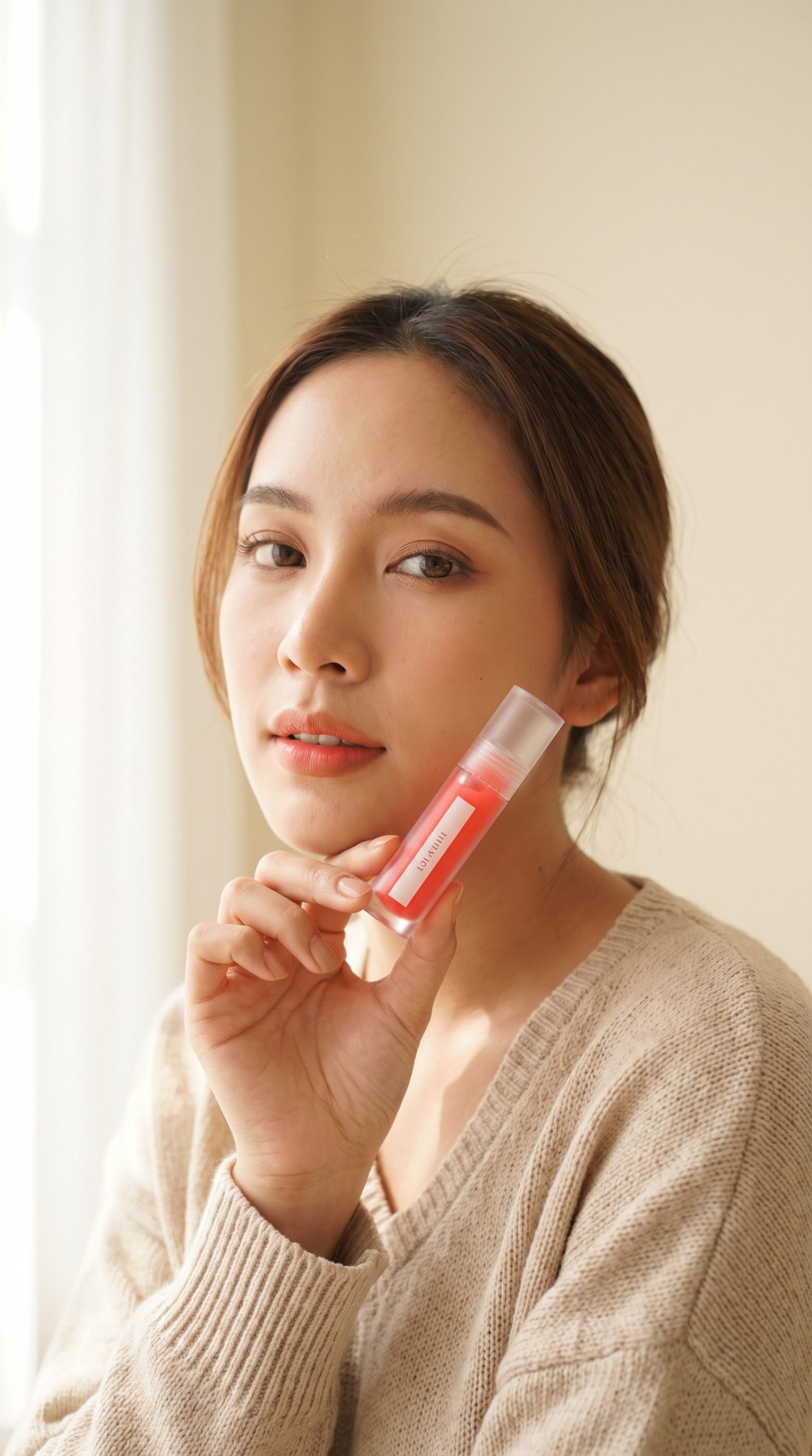 Handheld product story lip oil on model shot