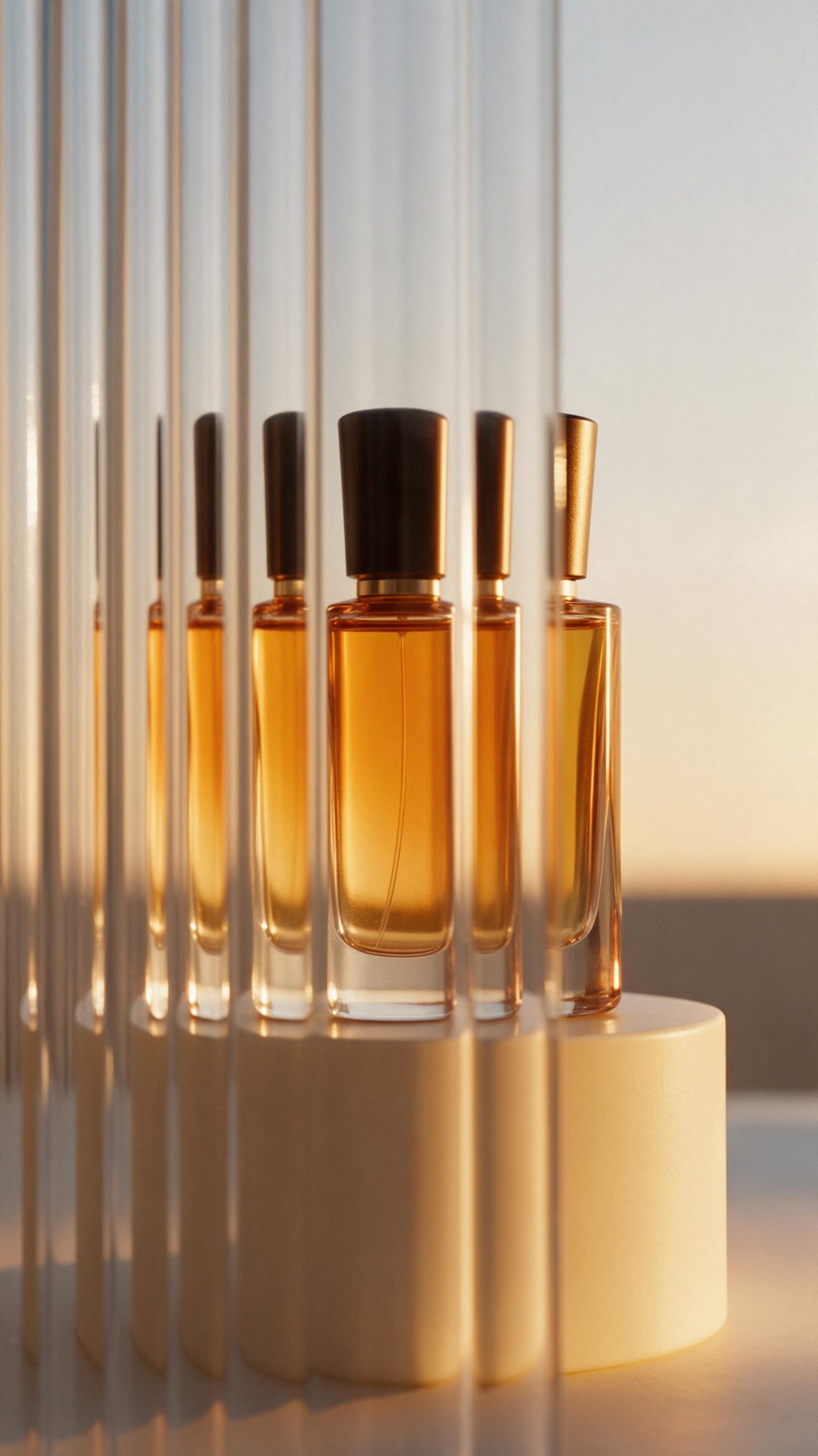 Lenticular product effect with amber fragrance bottle