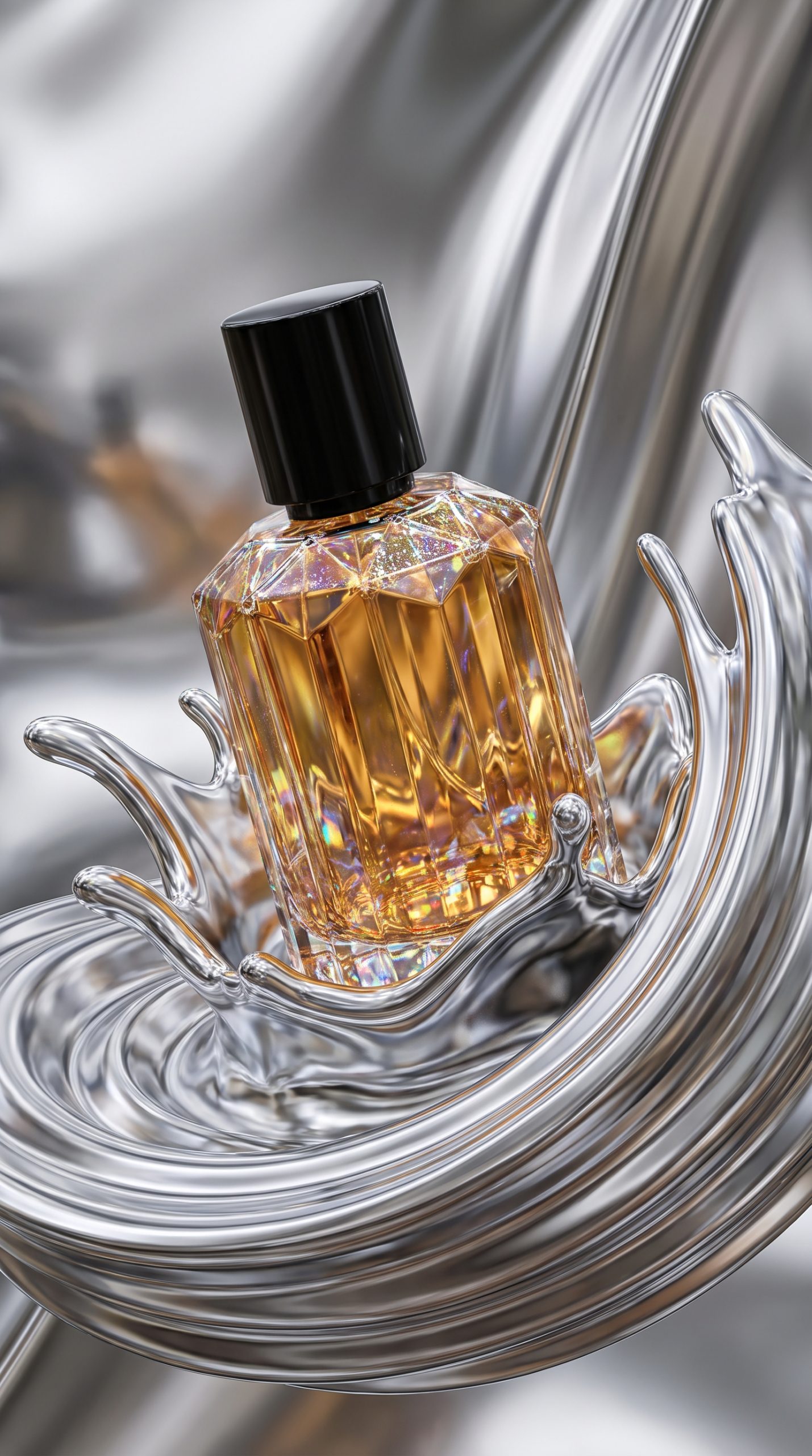 Liquid chrome product effect for a fragrance bottle