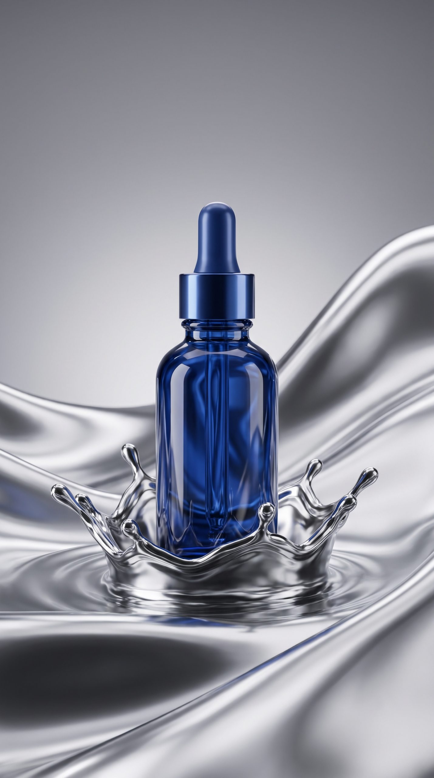 Liquid chrome product effect around a serum bottle