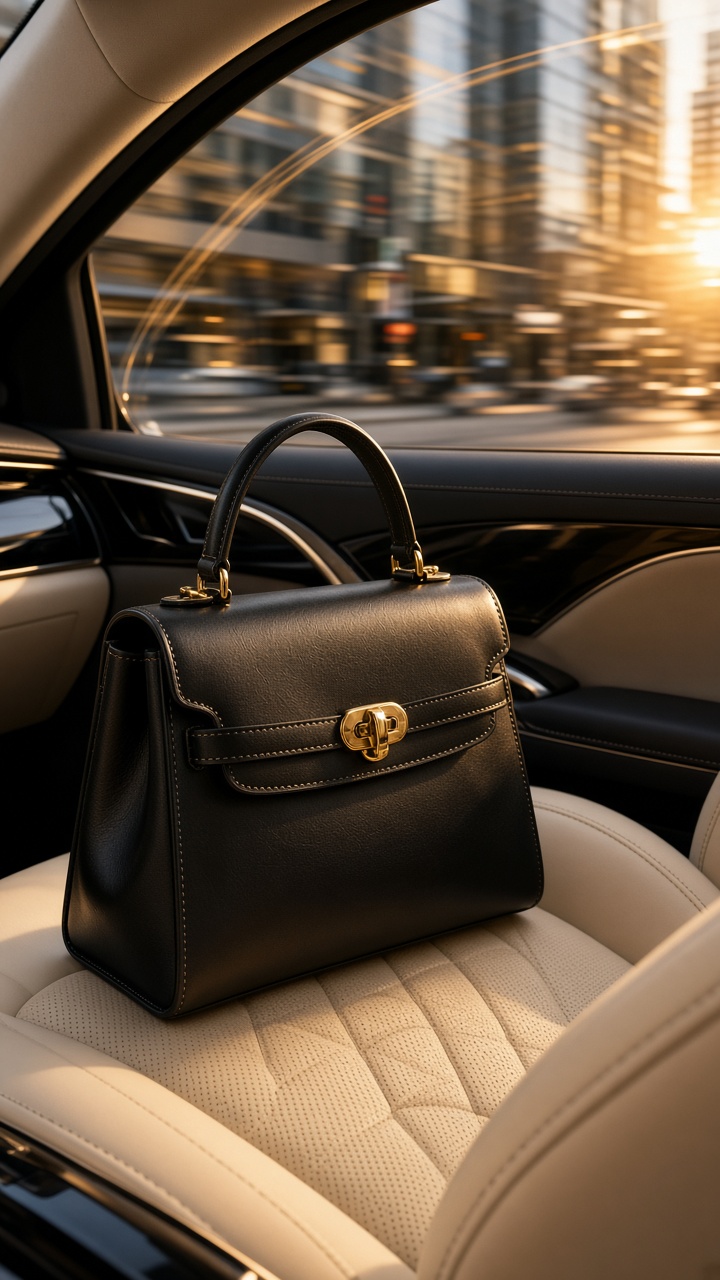 Luxury driving product effect with a black handbag on a cream car seat