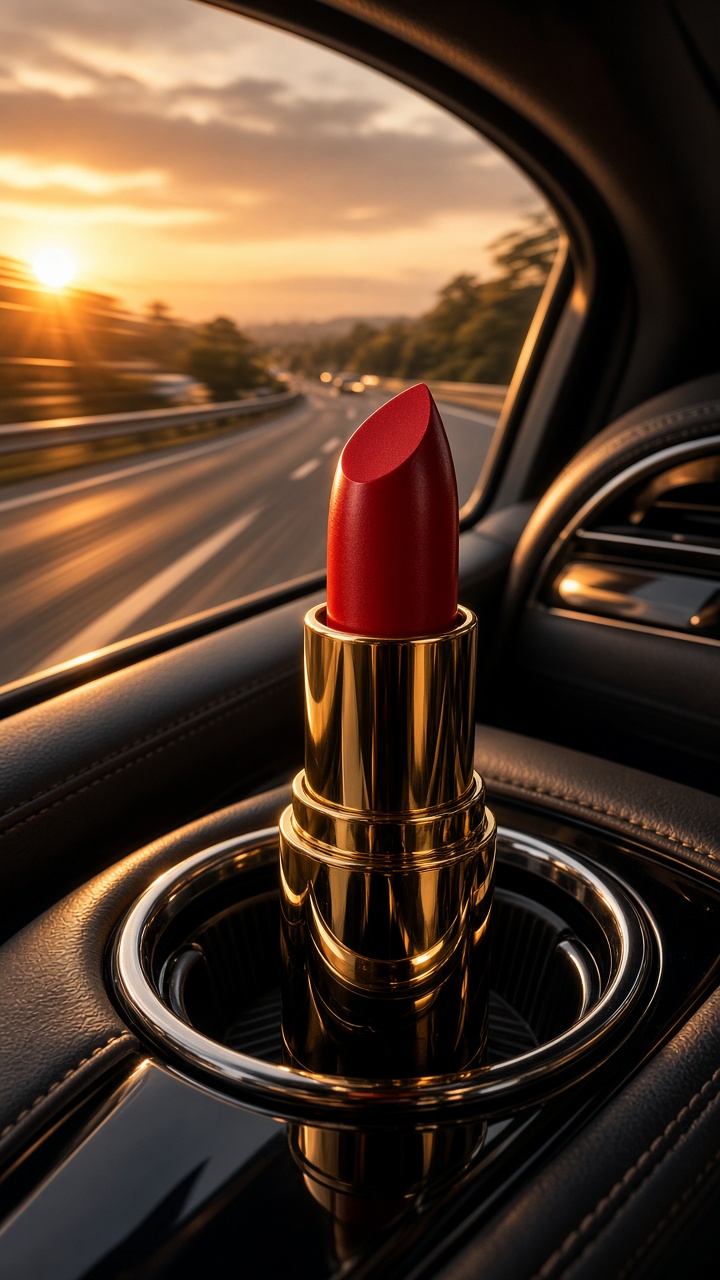 Red lipstick in a luxury driving product effect with sunset reflections