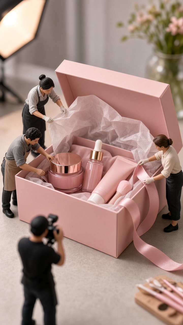 Miniature worker effect with tiny stylists arranging a skincare gift box