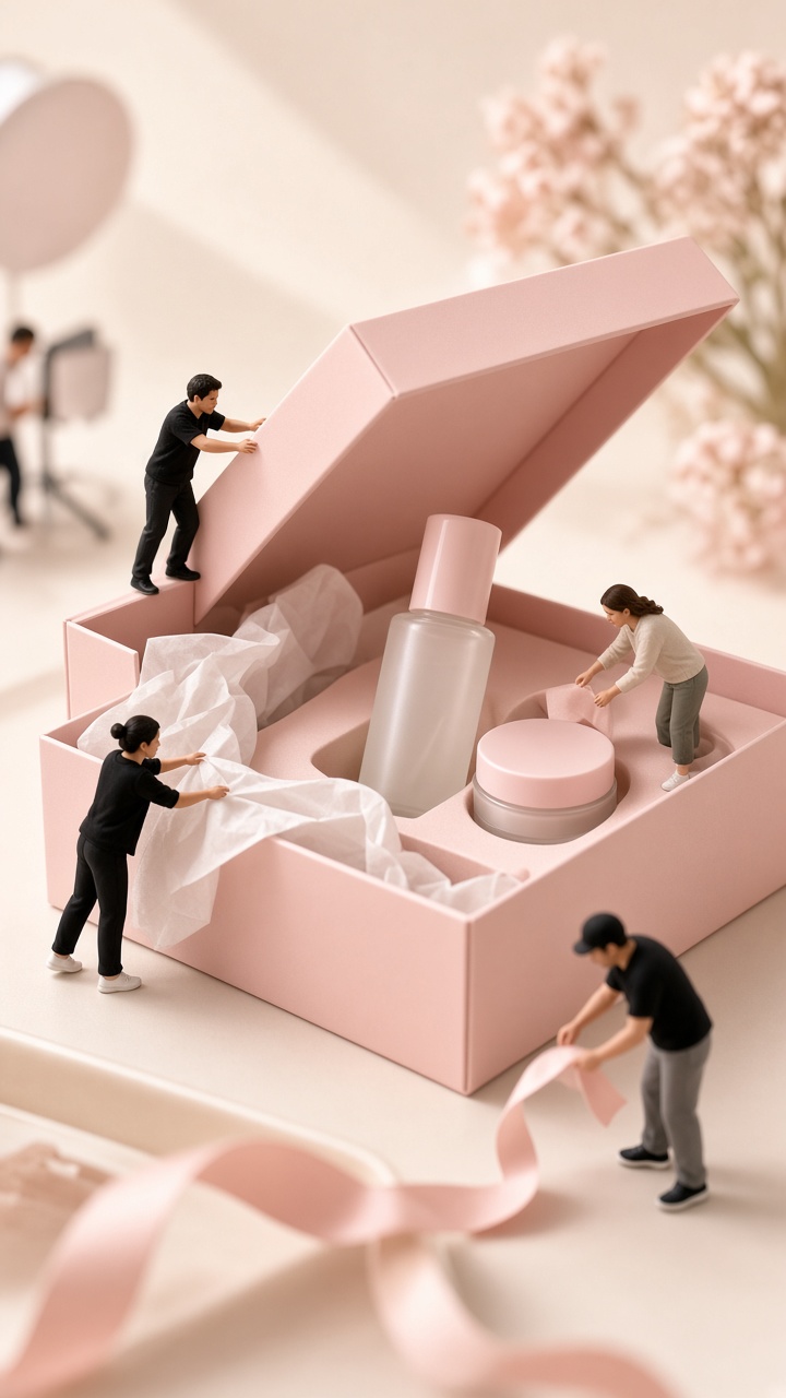 Miniature workers packing a skincare gift box for a product video effect
