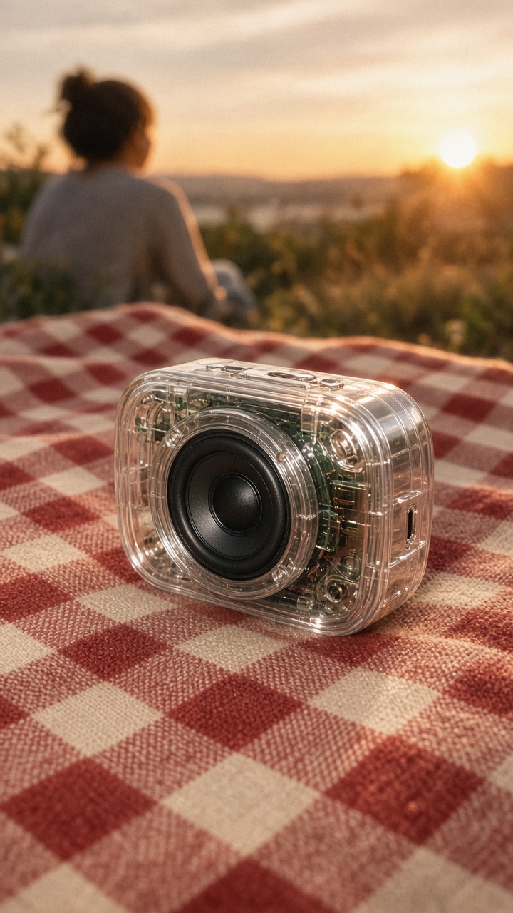 Wireless speaker in a nostalgic film product effect on a picnic blanket