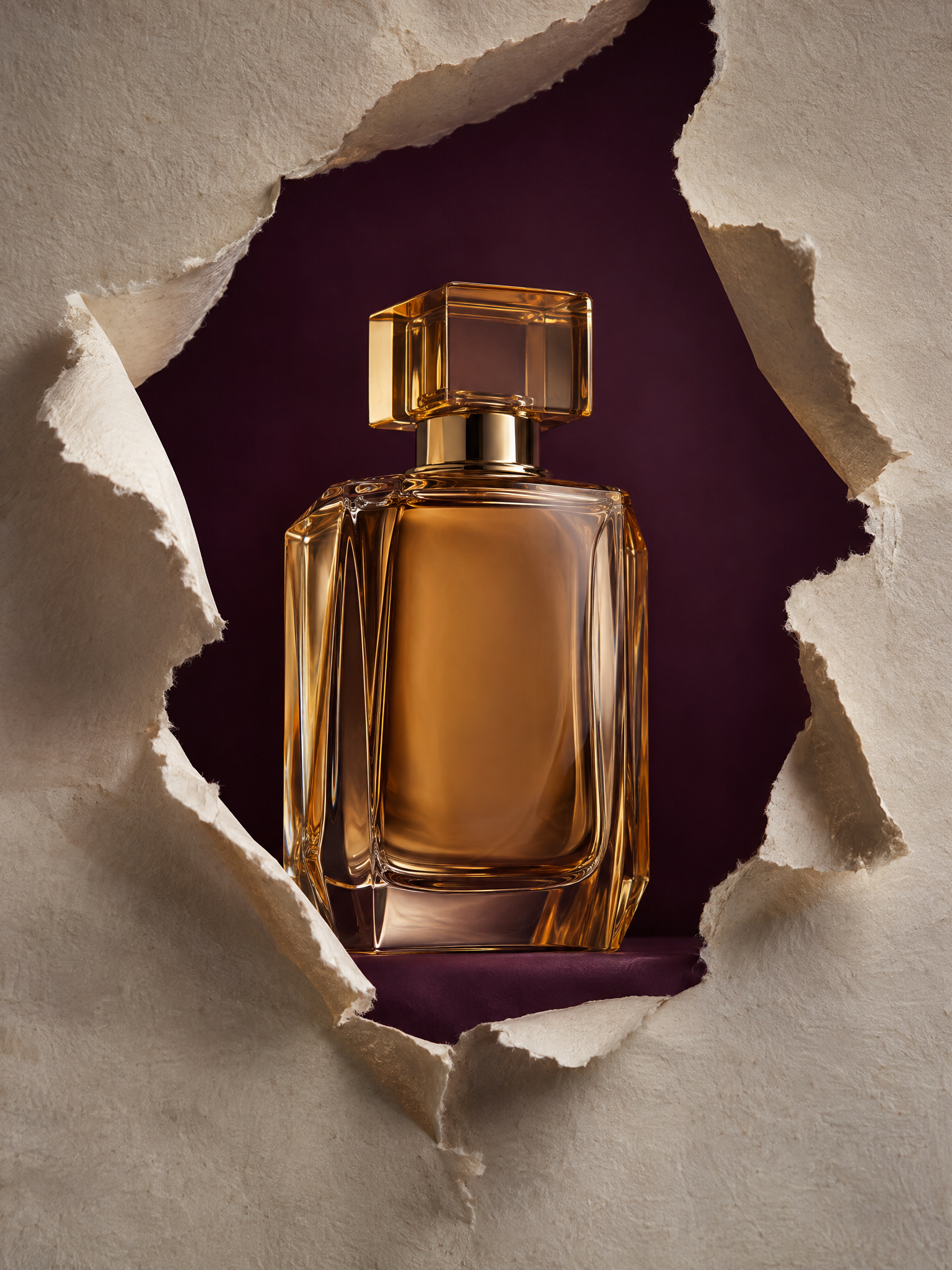Paper tear product effect for an amber perfume bottle