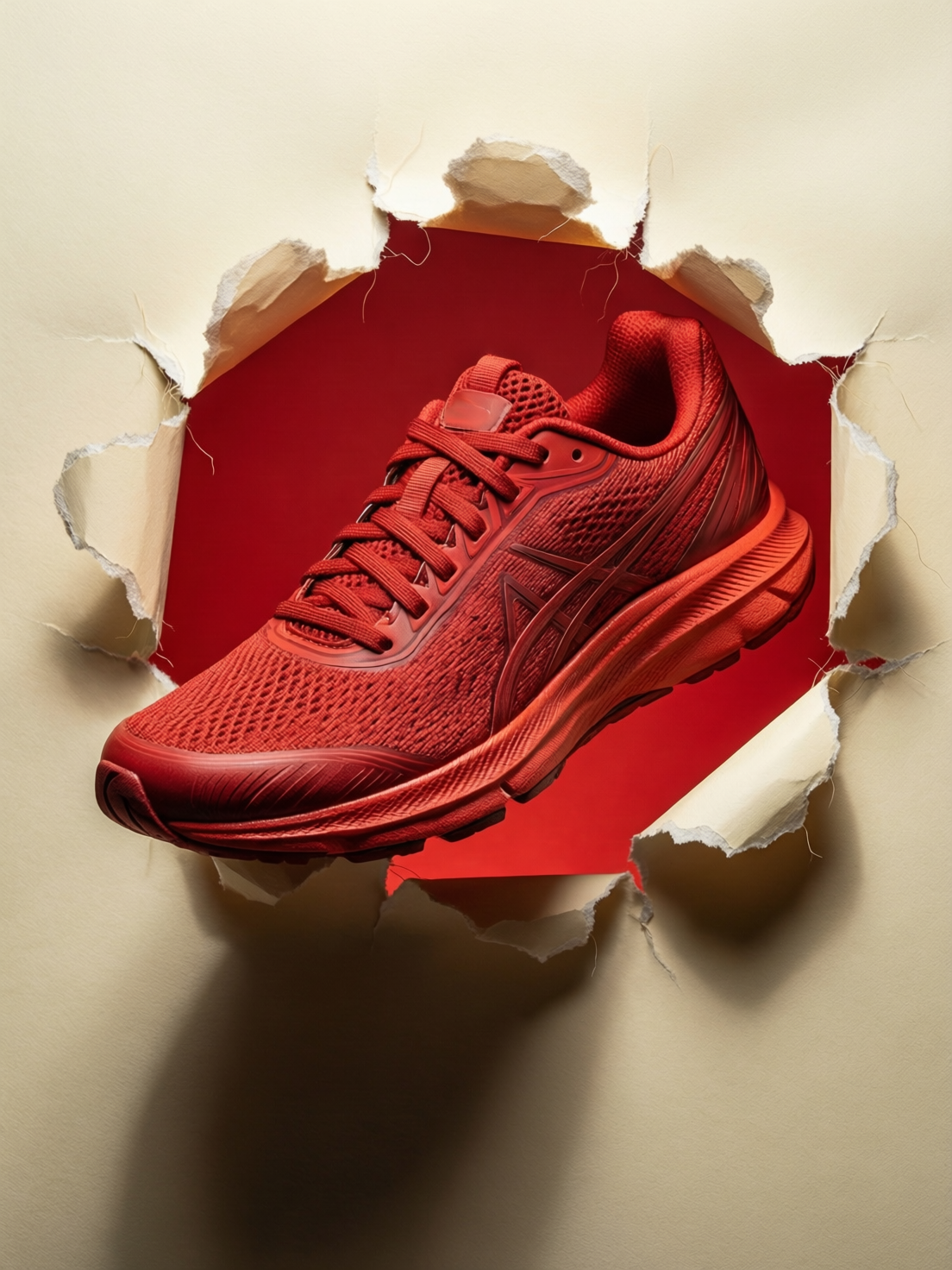 Paper tear product effect with a red running shoe