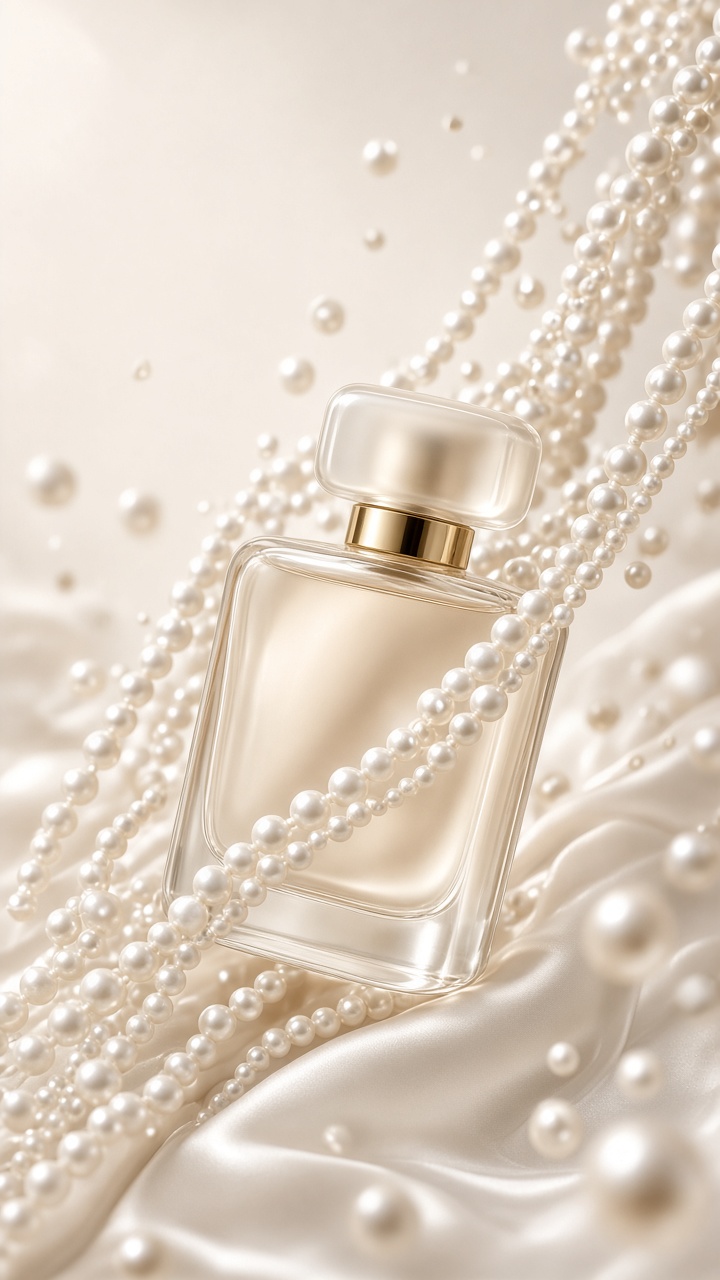 Perfume bottle in a pearl cascade product effect