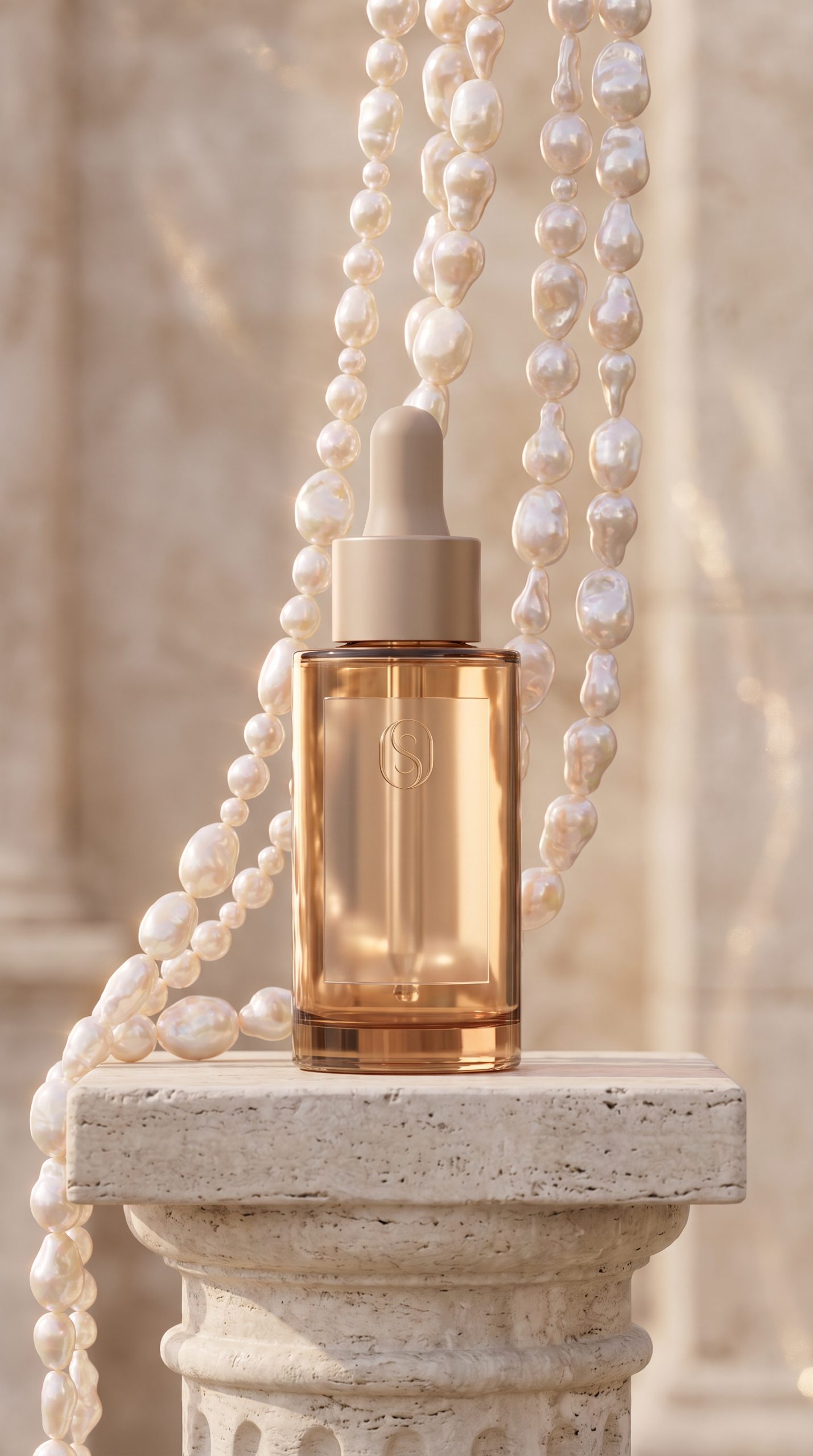 Pearl cascade product effect for an amber skincare serum