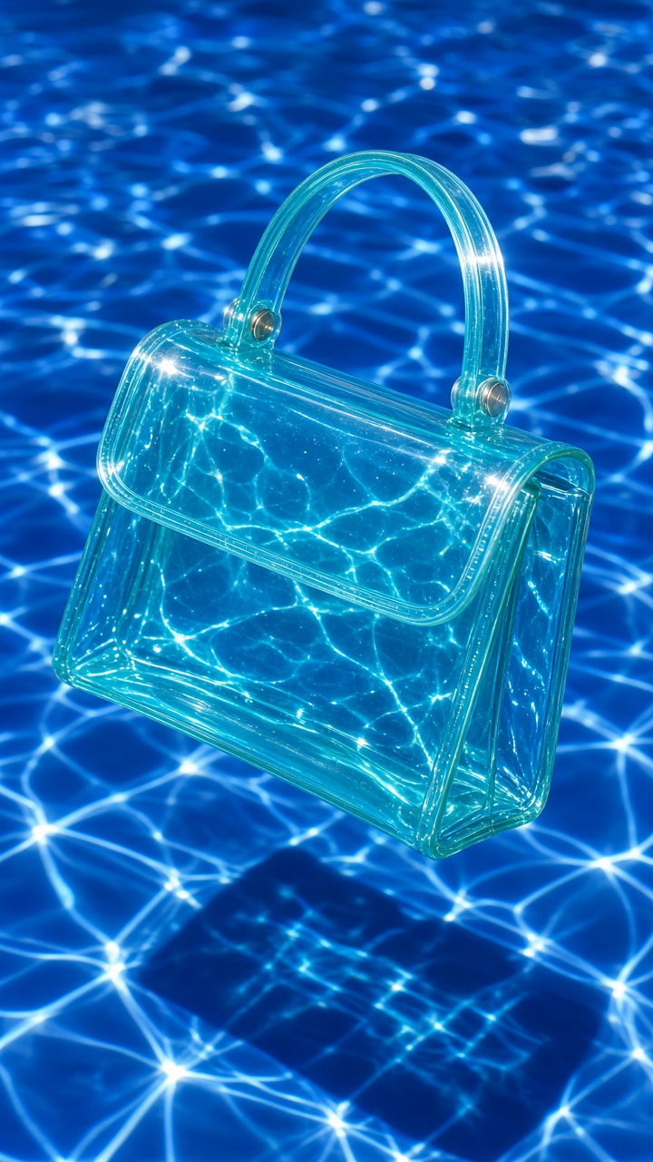 Water caustic product effects on a translucent jelly handbag