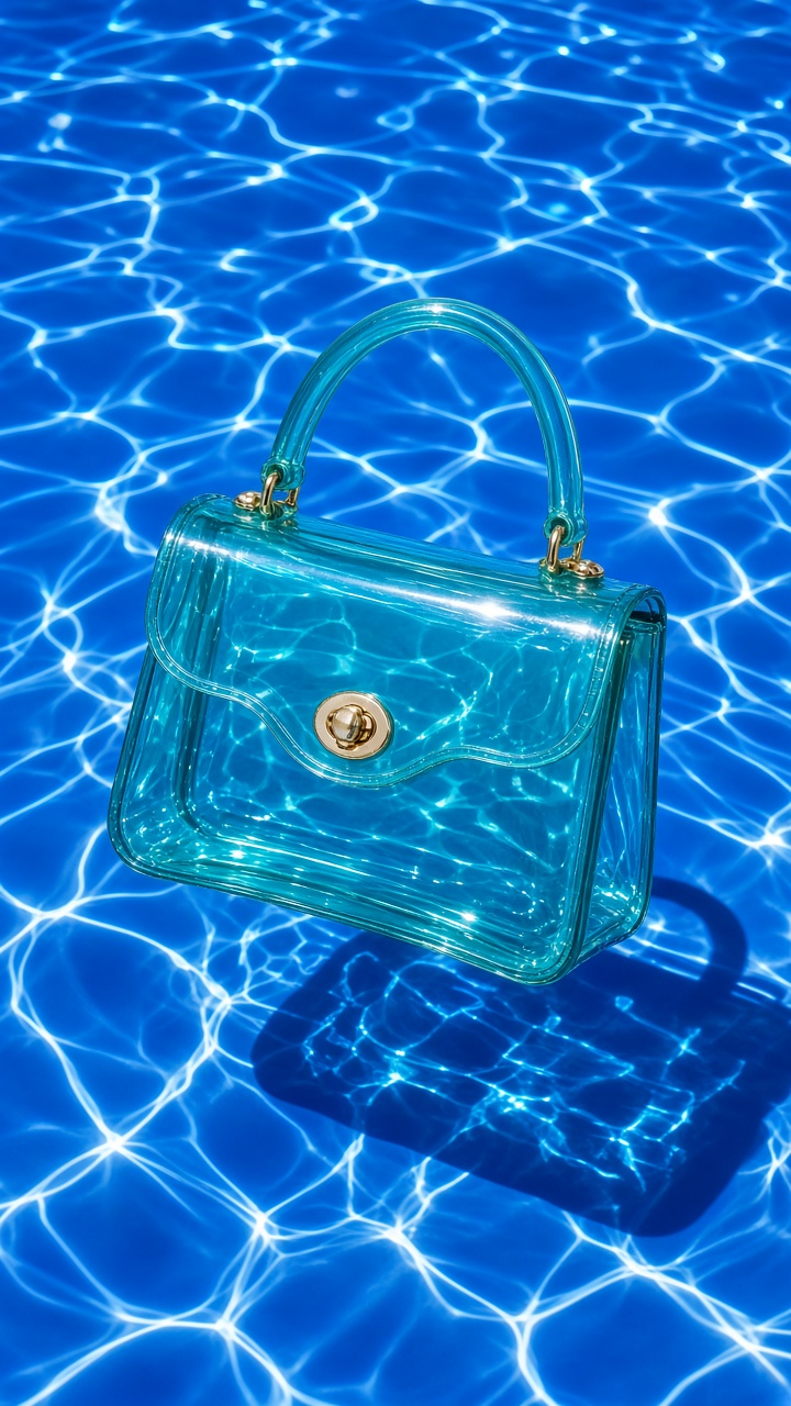 Jelly handbag against a cobalt water caustic product backdrop