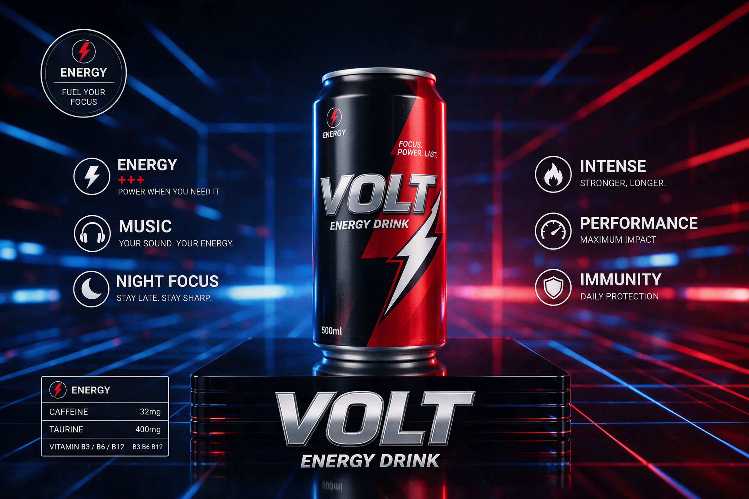 product poster effect energy drink ad with neon grid