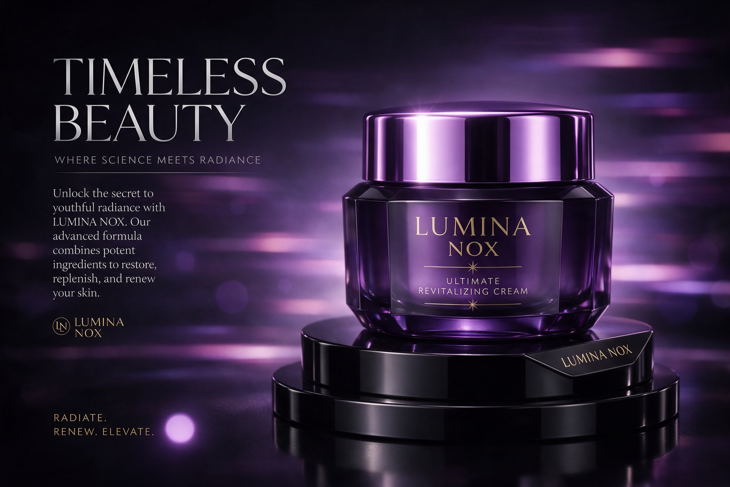 product poster effect skincare jar ad with violet chrome reflections