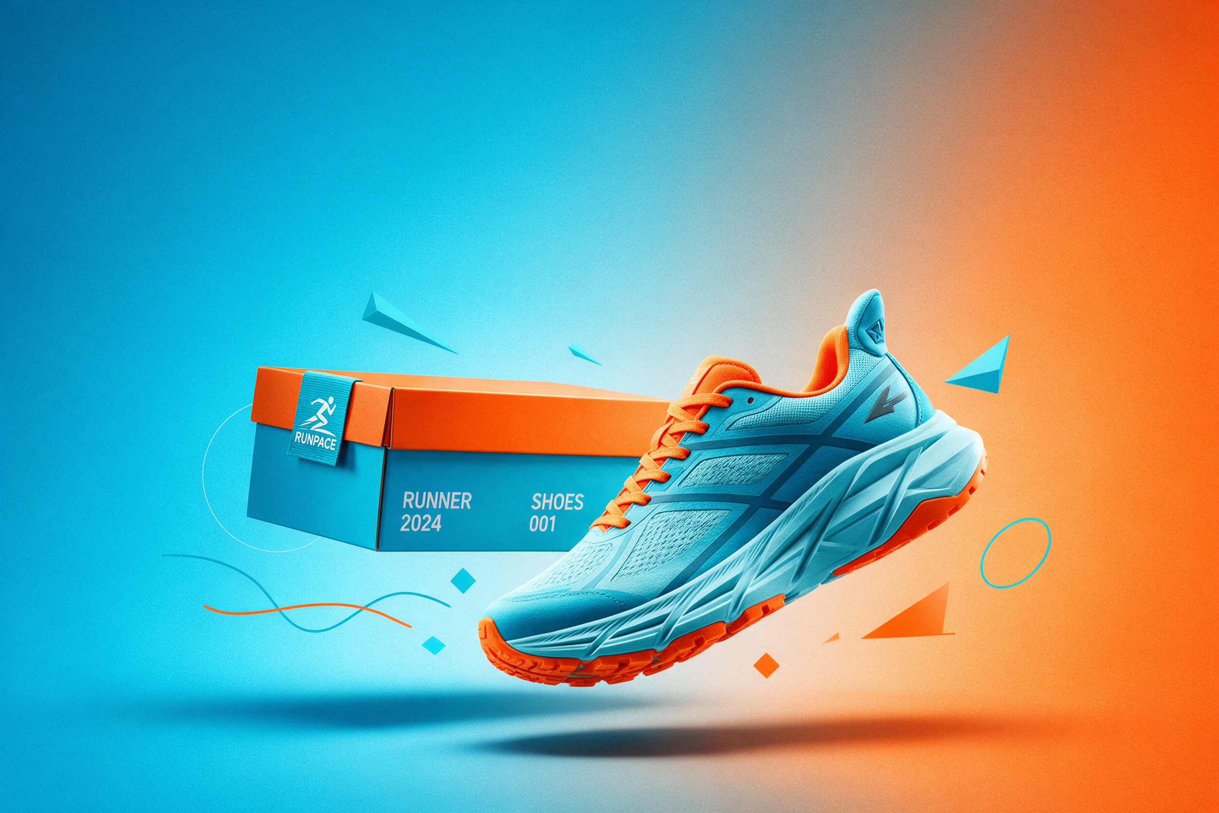 running shoe product poster effect with cyan and orange gradients