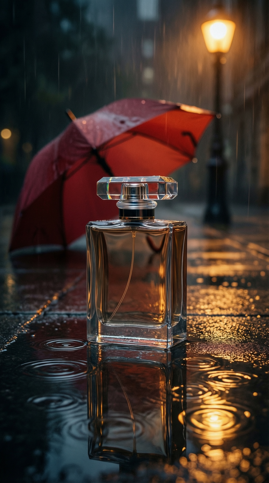 Rain slick product effect with perfume bottle and amber street reflections
