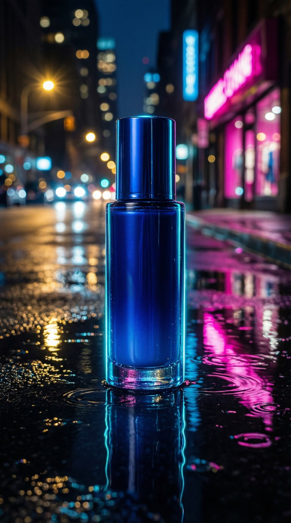 Rain slick product effect with cobalt serum bottle on wet pavement