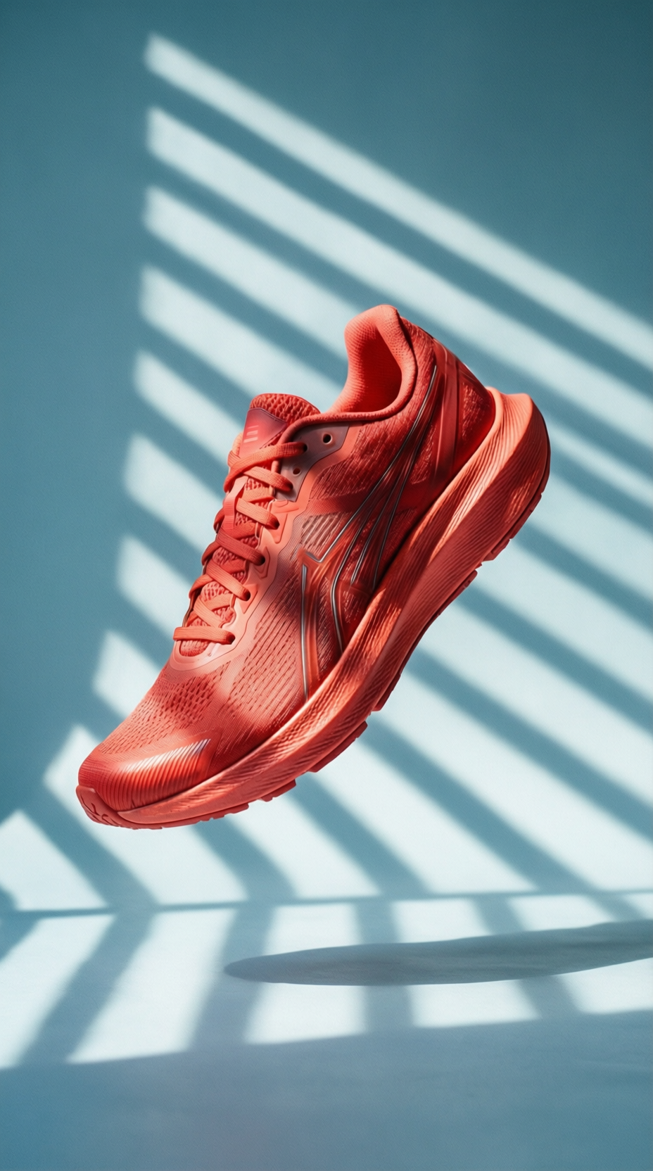 Shadow play product ads with a coral running shoe and striped shadows