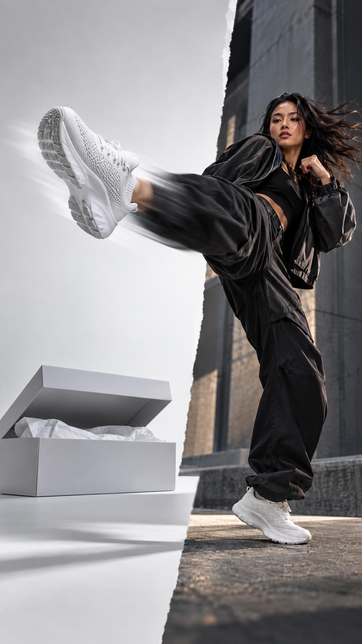 Product reveal video with a sneaker kick transition