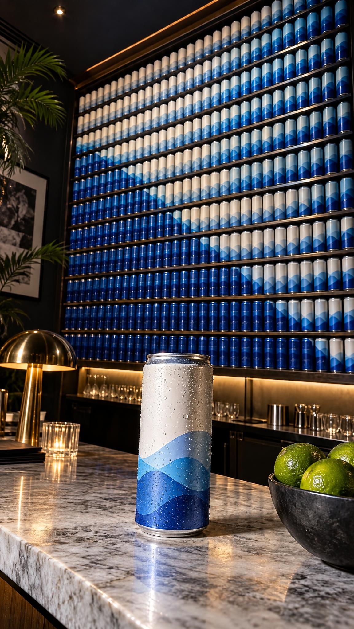 Product reveal effect showing a sparkling water stockpile