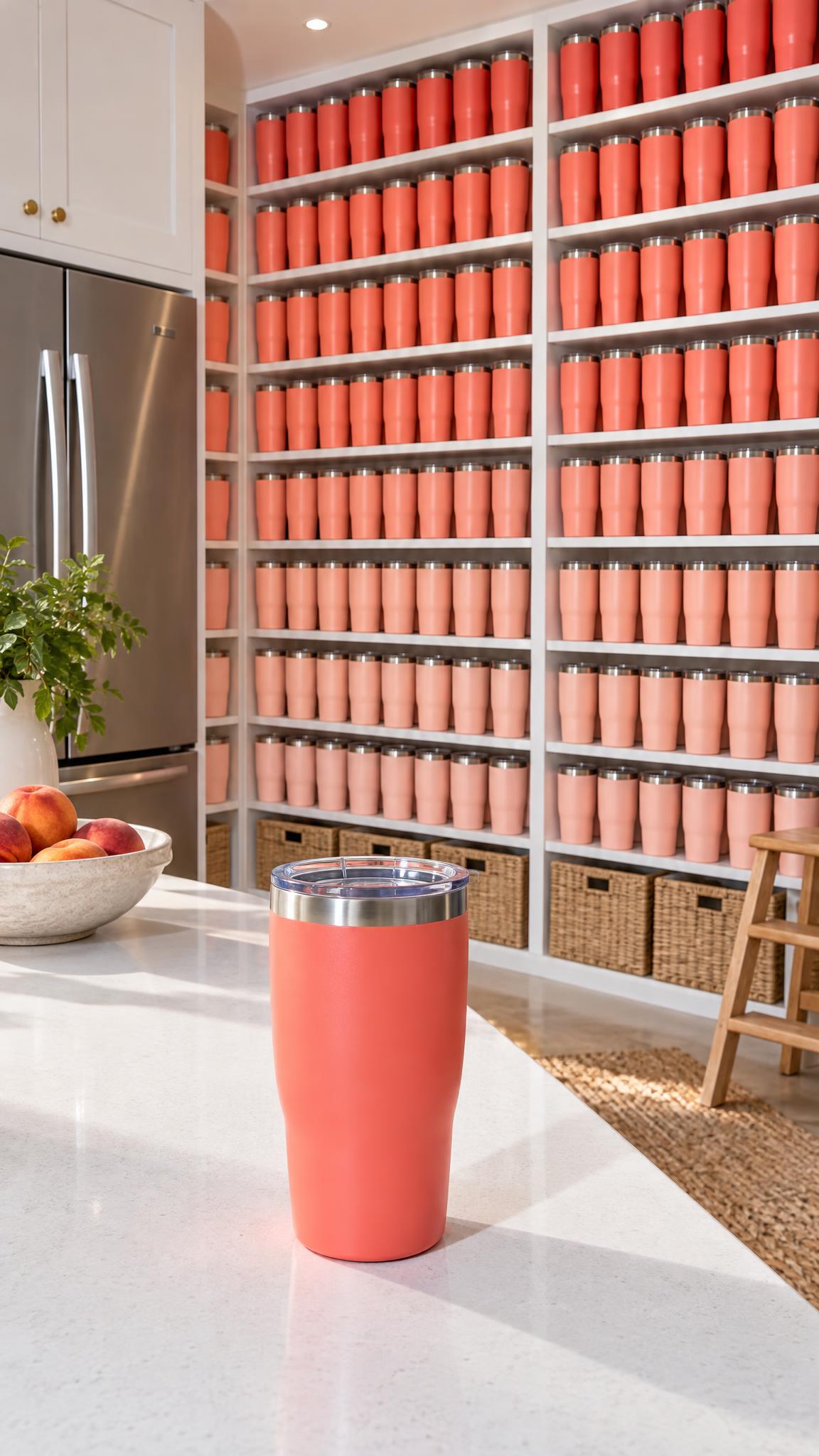 Product reveal effect with tumbler stockpile in a kitchen setting