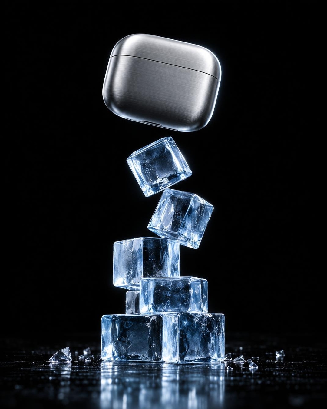 Stop motion product effect with a silver earbud case floating over assembling ice blue cubes