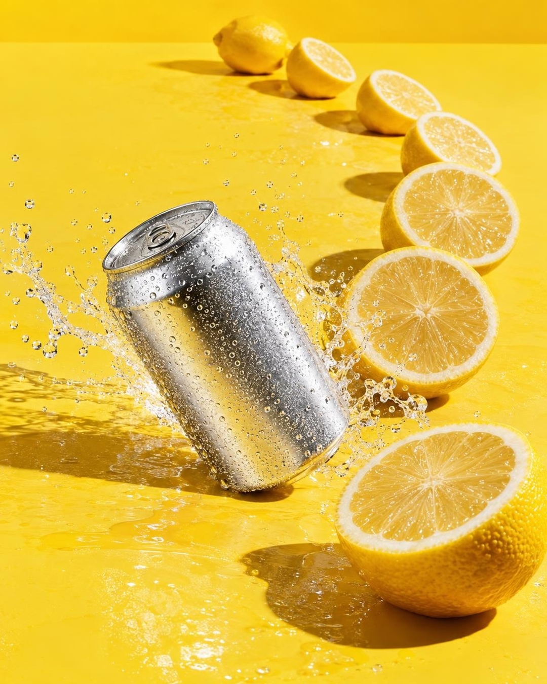 Stop motion product effect with a sparkling water can rolling through yellow citrus
