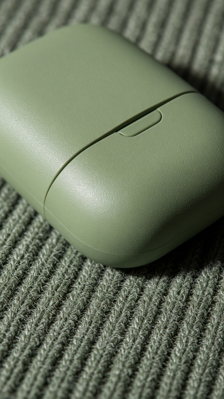 Tactile product photography of a matcha green earbuds case on ribbed knit fabric