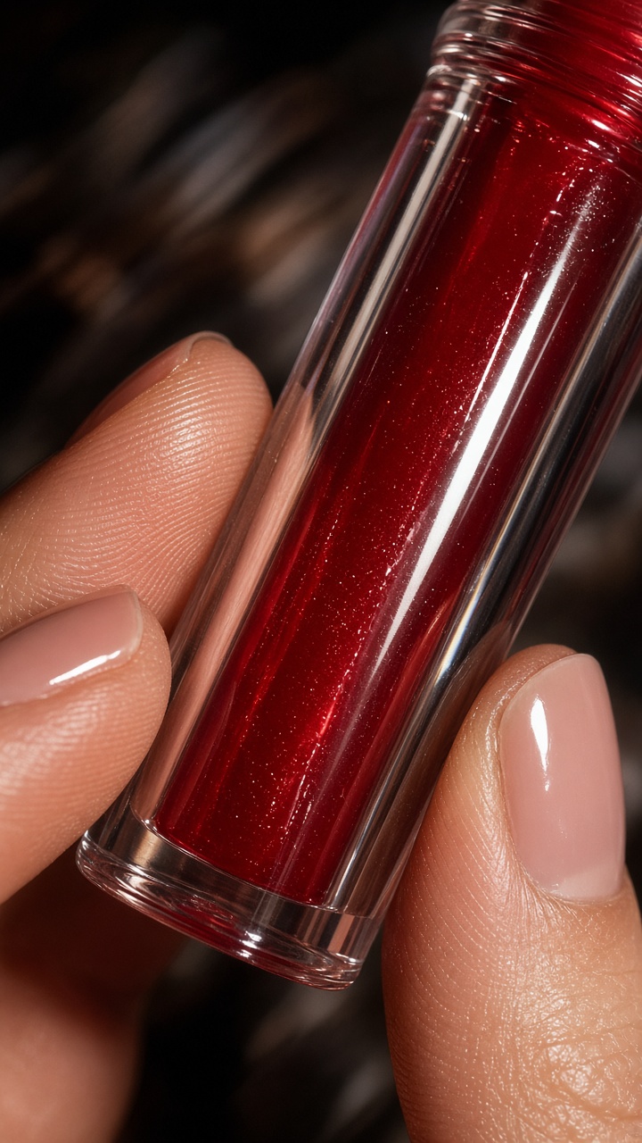 Tactile product photography of cherry red lip gloss held between fingertips