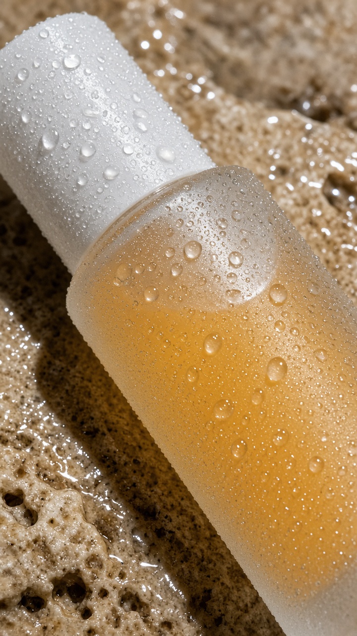 Tactile product photography of a frosted citrus serum bottle with water droplets