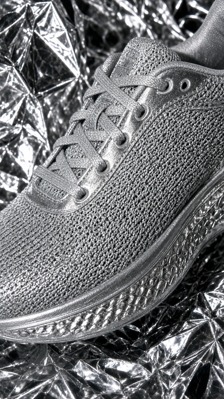 Tactile product photography of a silver running shoe on crumpled foil