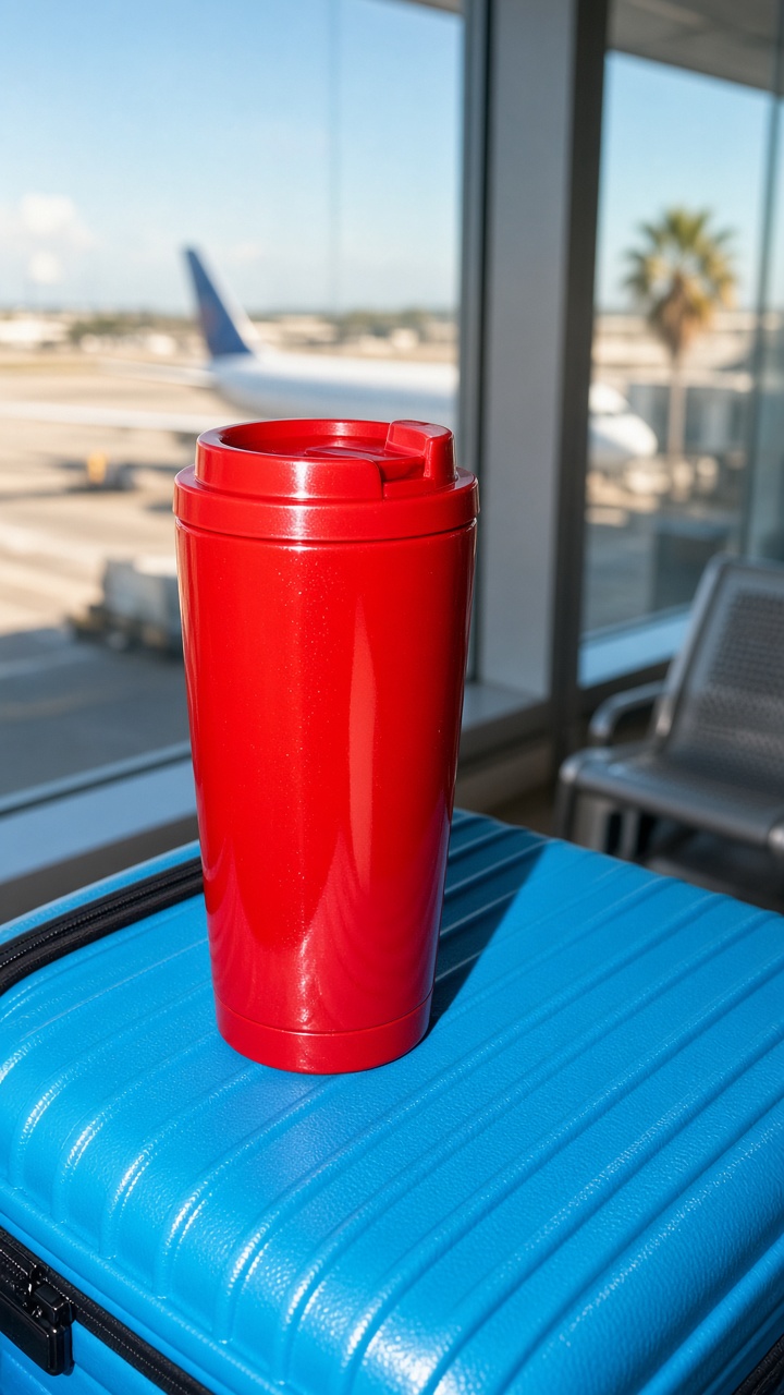 Travel day product effects with a tumbler on a blue suitcase