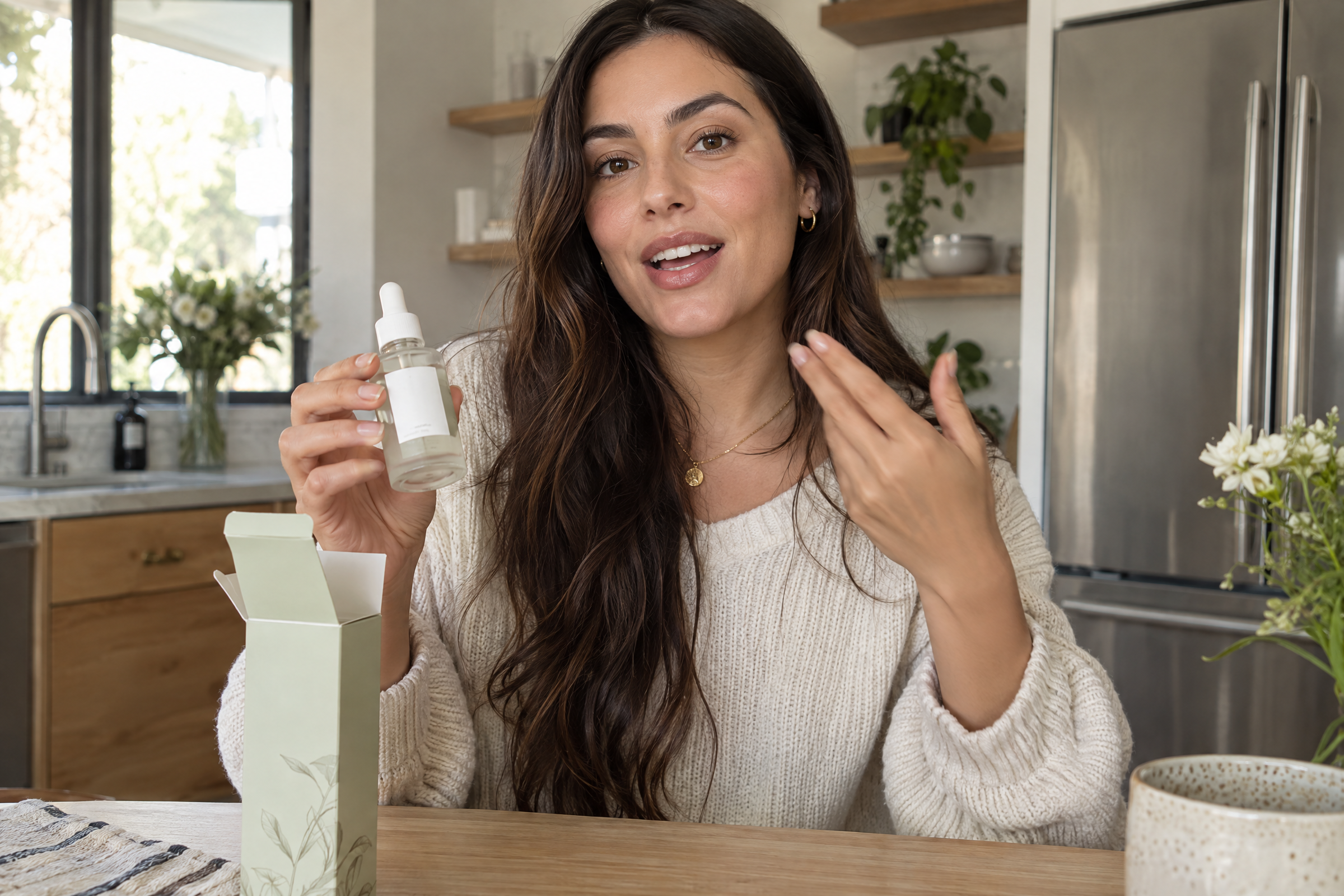 creator style product ad showing a serum unboxing on a kitchen table